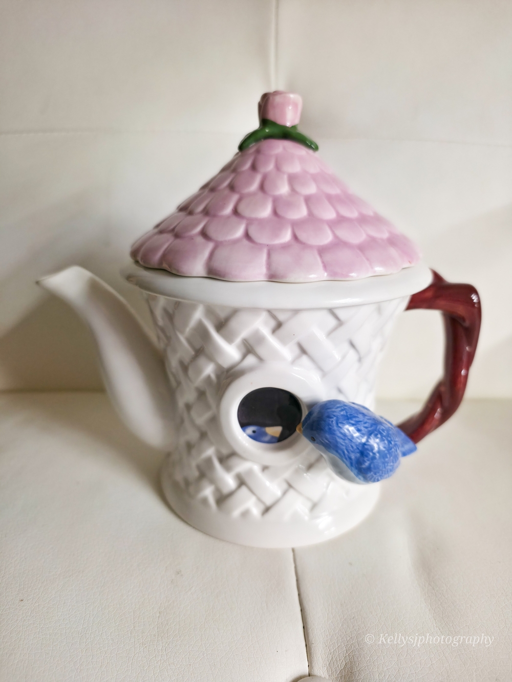 Teleflora Ceramic Birdhouse Teapot with Pink Roof and Blue Accent